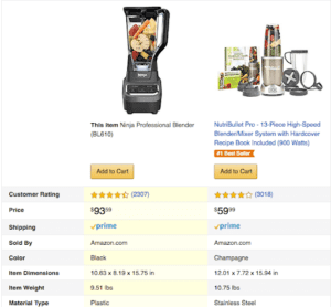 Screen shot of two blenders compared on Amazon.com