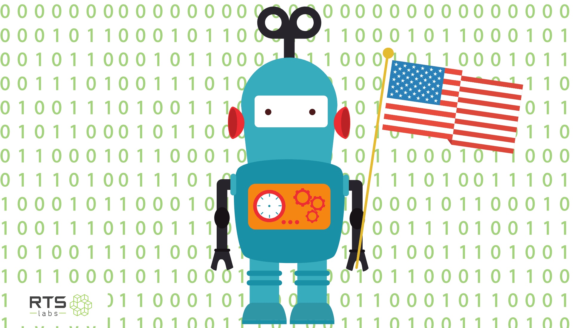 Robot waving American flag and binary code in the background