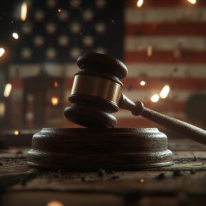 A gavel slamming down in front of an American Flag symbolizing the American AI Initiative