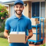 Man with package making the last-mile delivery to a home