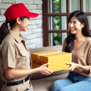 delivery girl handing a package to woman as part of a last-mile delivery