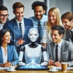 Group of workers interacting with artificial intelligence robot preparing for ai adoption for business