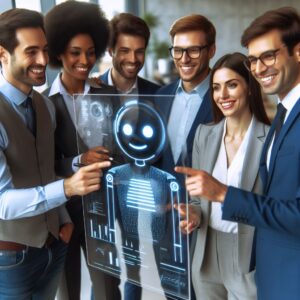 people pointing to a happy artificial intelligence being getting ready for ai adoption in business