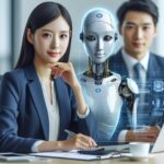 Asian insurance industry executives working with an artificial intelligence robot.