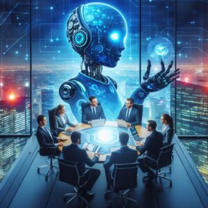 Insurance industry executives around a table to a big city backdrop with artificial intelligence bot in the middle.