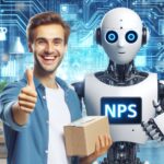 happy customer giving a thumbs up with a package and an AI robot behind with "net promoter score" on its chest