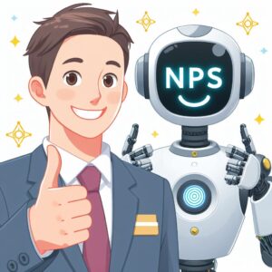 A happy executive and AI robot giving thumbs up. The robot has net promoter score on its face.