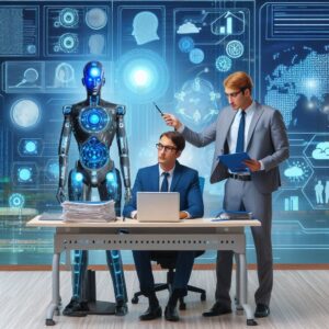 Two ai consulting professionals in suits creating a robot.