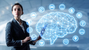 A woman holding a tablet with a projection of an ai brain. The possibilities are endless when you pick the right ai consulting firm.