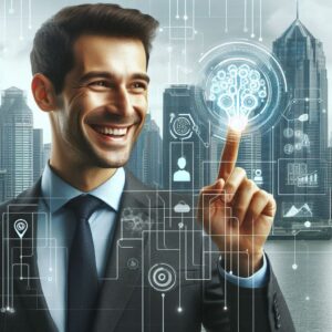 happy businessman using intelligent applications with big city in background