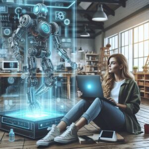 Trendy woman sitting on floor of her shop on a computer with a projection of AI since she paid the AI consulting cost for small businesses