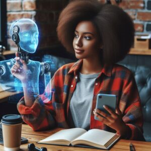African-American small business owner using AI in her day-to-day because she used AI consulting for small businesses.