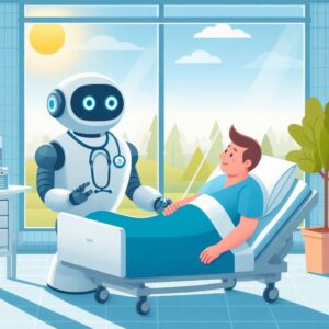 Robot doctor helping a happy patient illustrating ai trends in healthcare.