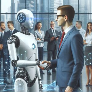 A spectacled business man shaking hands with an artificial intelligence robot illustrating the future of ai in business.