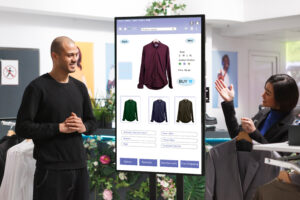 Retailer helping client at kiosk board. A demonstration of retail strategy with generative ai