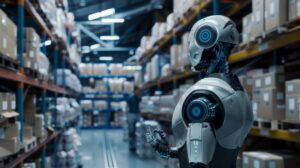 A robot monitoring a warehouse full of boxes, illustrating the benefits of logistics ai use cases.