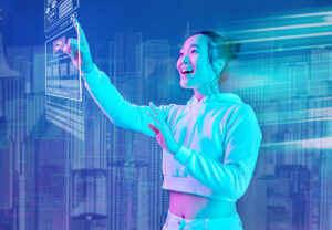 A woman in a futuristic blue and pink lit environment really enjoying an ai-enhanced customer experience