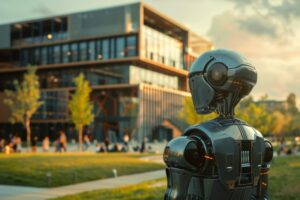 Robot looking at a college campus building symbolizing AI in education