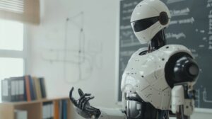 A robot teaching iun front of a chalk board.