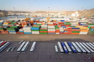 A lot of colorful shipping containers. Sky view.