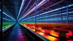 Greenhouse plants with futuristic colorful lighting.