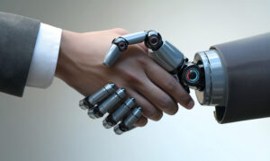 A businessman shaking hands with an AI robot. They're amicable.