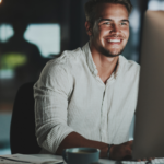 Man in futuristic room enjoying an AI application thanks to the compute power driving AI innovation.