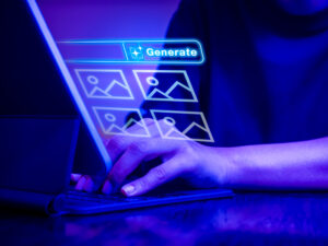 Person on computer in purple light and a display that says generate.