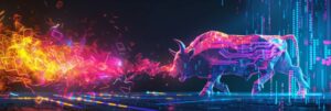 Futuristic bull and exploding data coming out of it.