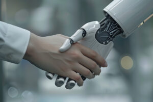 A robot and man hand shaking, which symbolizes AI as a moral partner