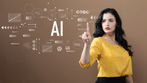 A woman interacting with AI icons aligning AI initiatives.