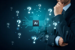 An inquisitive man looking at AI and question marks