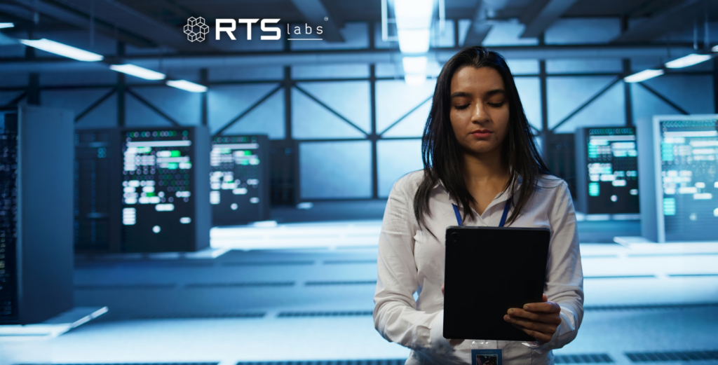 A woman in a data center working on data encryption.