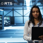 A woman in a data center working on data encryption.