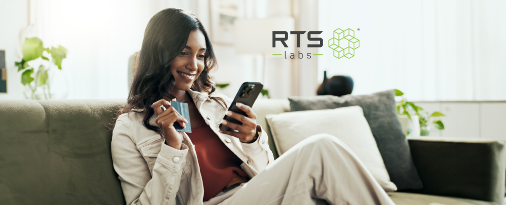 Woman smiling while shopping on her phone because she's using generative ai for retail.