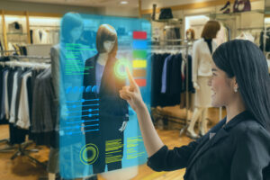 Woman using a hologram interface at a clothes store representing the future of retail.