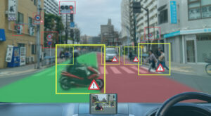 A self-driving car recognizing people, vehicles, and lines thanks to neural networks.