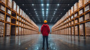 A logistics worker staring confidently at a huge warehouse of inventory thanks to AI demand forecasting.