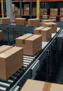 Automated conveyor system moving outbound shipments, highlighting the need for synchronized, real-time logistics data.