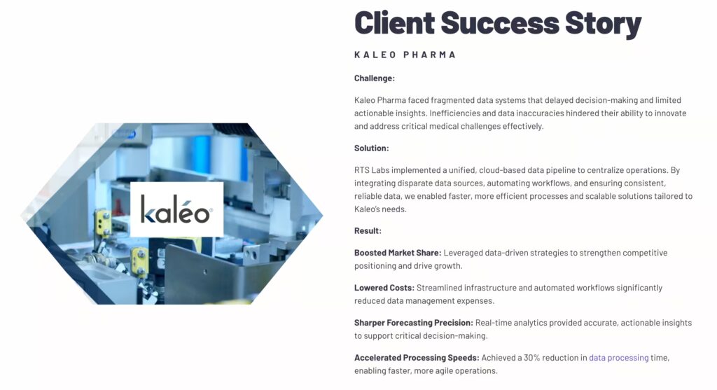 Client success story of Kaleo Pharma, showcasing how RTS Labs used AI-driven data integration and automation to boost market share, lower costs, and improve forecasting precision.