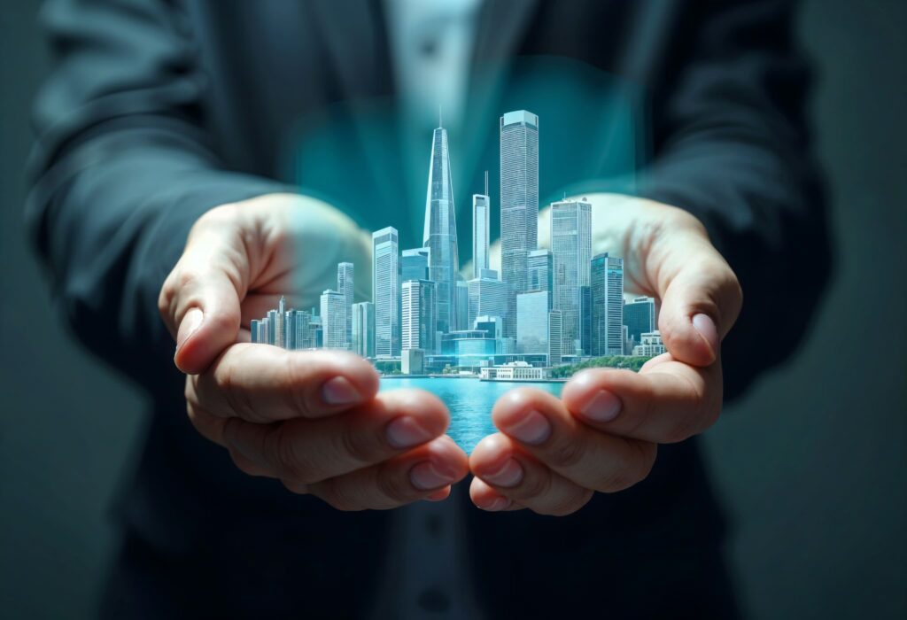A businessperson holding a glowing miniature cityscape in their hands, showing AI-powered innovation in real estate.