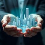 A businessperson holding a glowing miniature cityscape in their hands, showing AI-powered innovation in real estate.