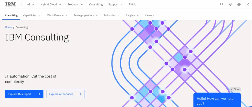 Screenshot of the IBM Consulting website showcasing enterprise AI and cloud offerings.