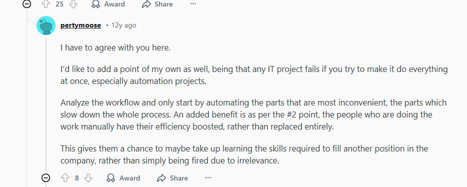 A screenshot of a Reddit thread discussing why automation projects fail 