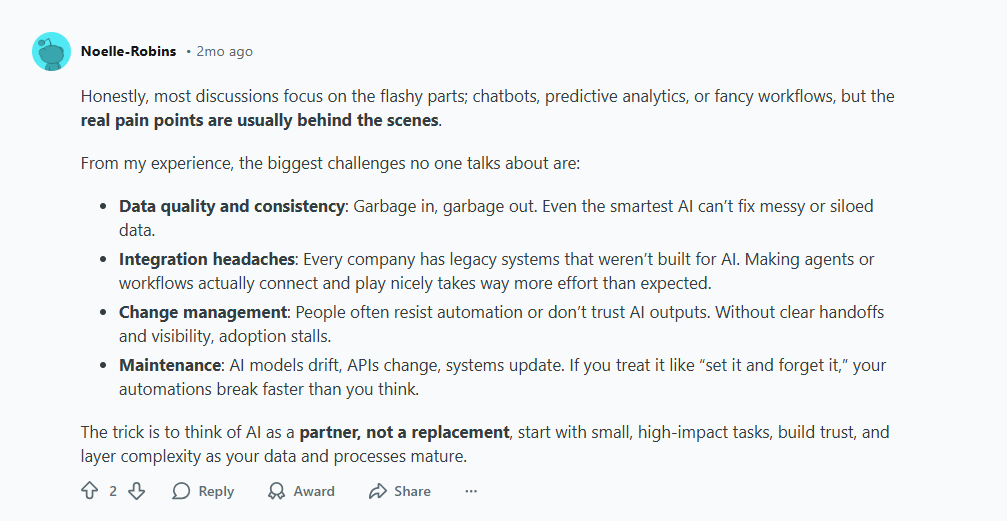 Screenshot of a Reddit chat talking about the biggest challenges in automation
