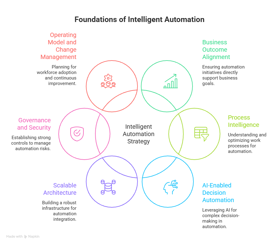 Diagram showing the main pillars of an intelligent automation strategy