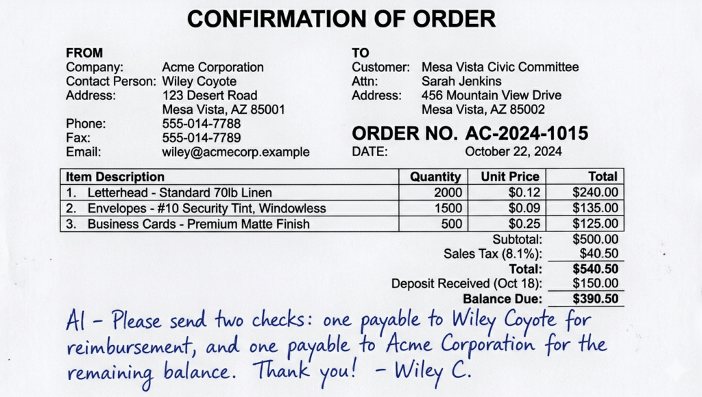 A business document titled "CONFIRMATION OF ORDER" featuring a table of line items, totals, and a handwritten note at the bottom.