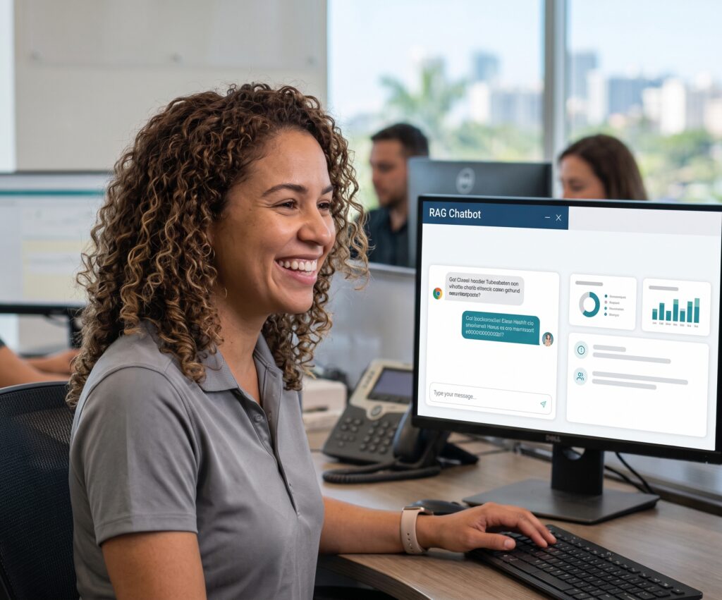 Woman at Suncoast appreciating a new RAG chatbot RTS Labs built them.