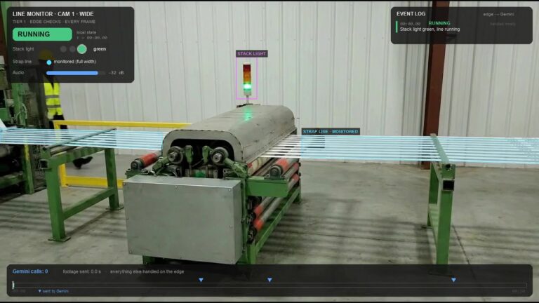 Line monitor overlay on a strapping machine showing a green stack light and the strap line being monitored